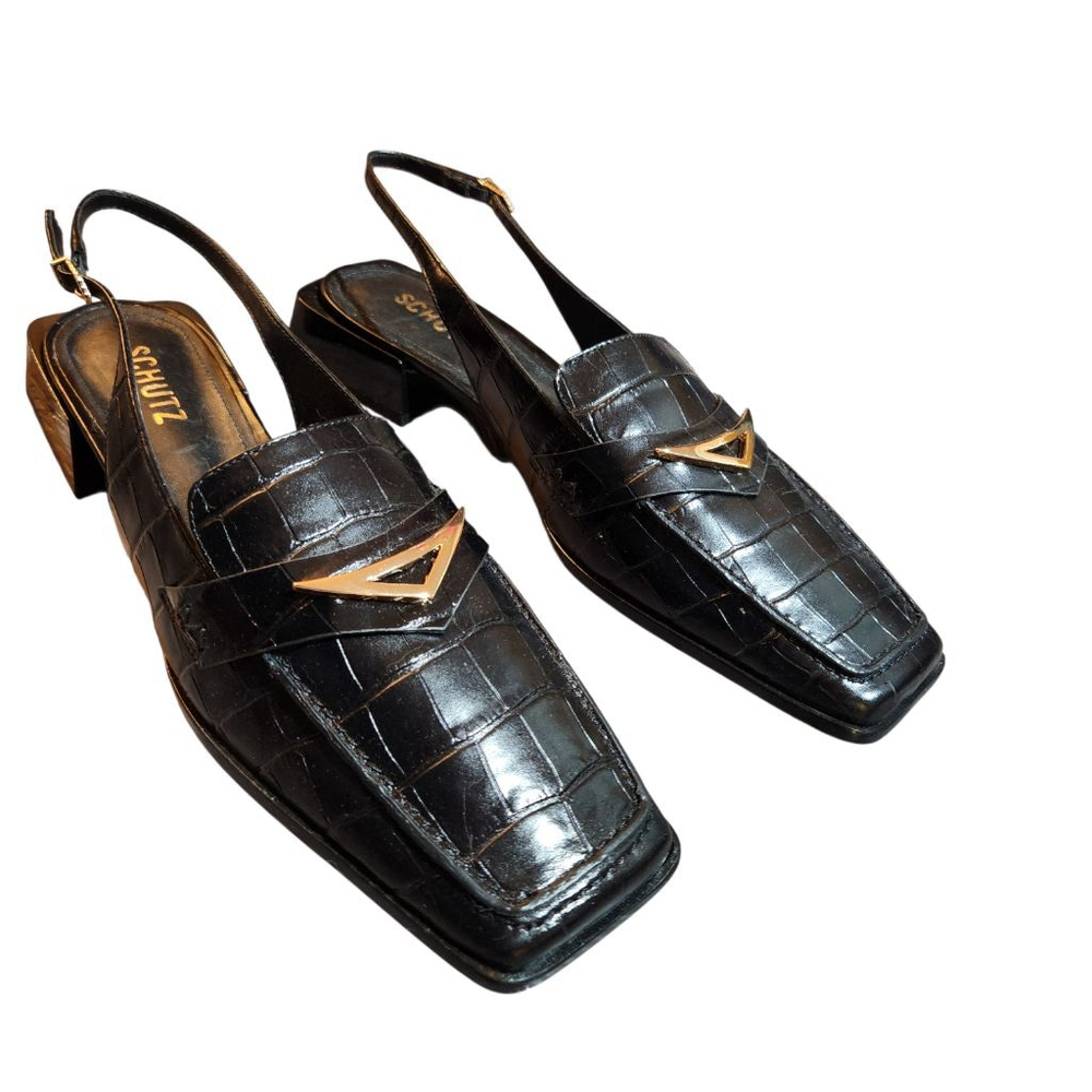 SCHUTZ Black Croc-Embossed Loafers with Gold Accent